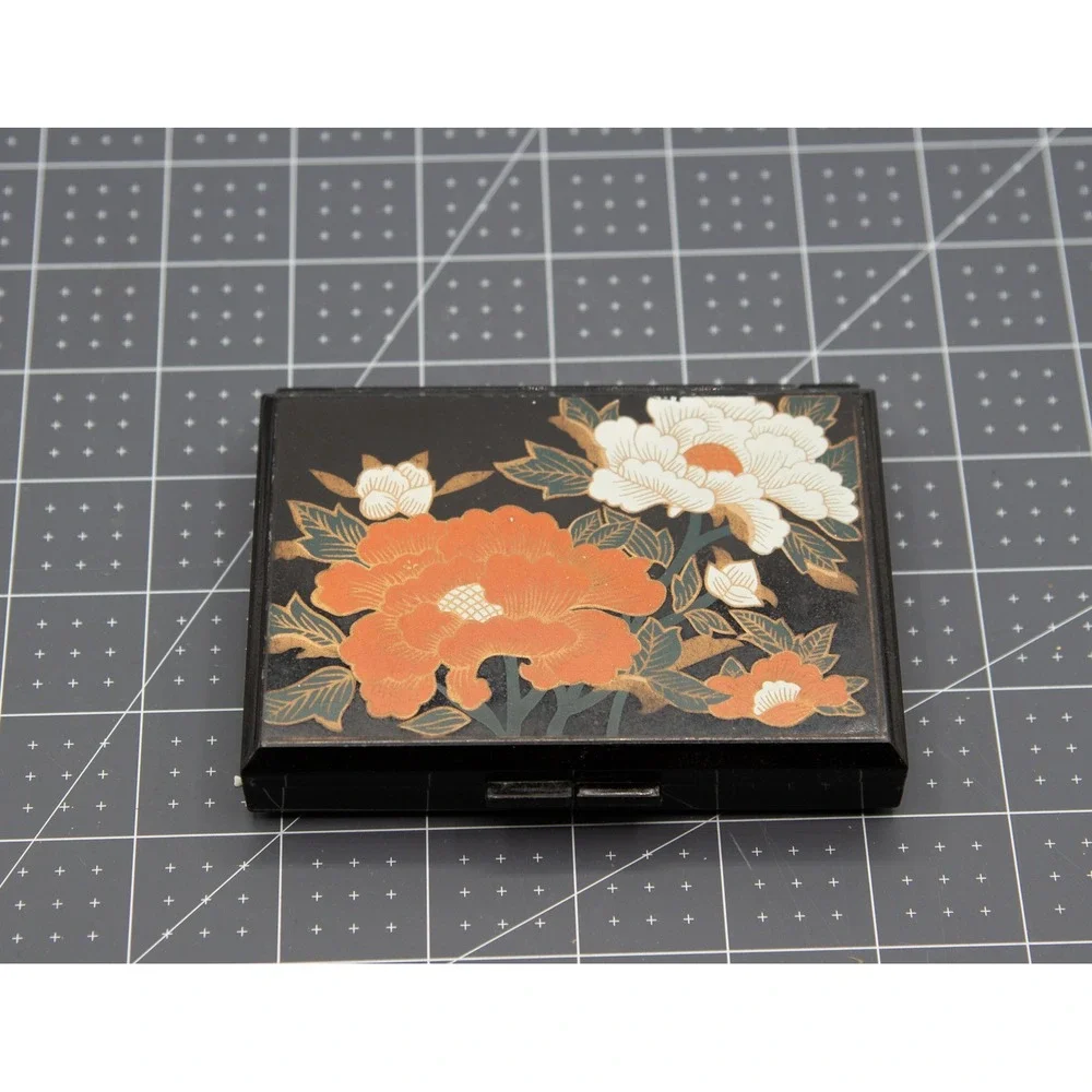 Vintage Style Floral Peony Makeup Compact Mirror Case Black Orange White Gold